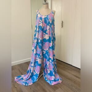 New! CozyCo. Blue Floral Womens Sleeveless Oversized Wide Leg Jumpsuit Small
